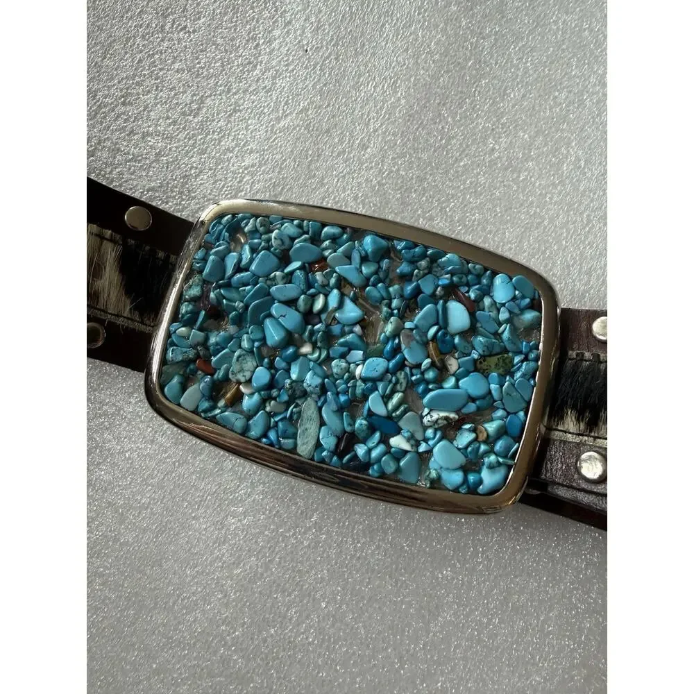 Brown Cow Print CALFHAIR Western Belt Turquoise Stones Buckle Western Studded M